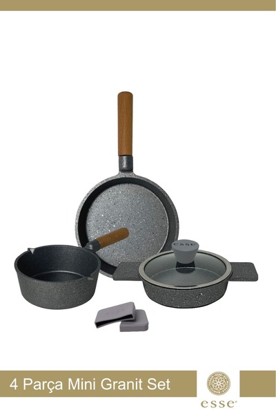 Esse Granite Cast Iron Mini Pan Milk Pot Set with Glass Lid Gray 16 cm