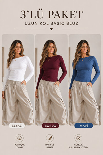 COMBİNE MİCHAİL Women's Boat Neck Basic Slim 3-Piece Blouse