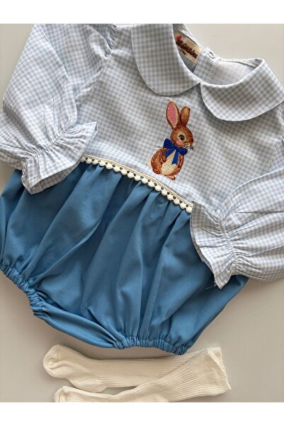 il mio bambino Handmade 100% Cotton Rabbit Embroidered Baby Girl Salopet