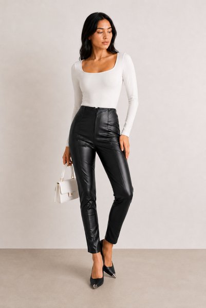 SHEVEGA Kadın Siyah Yüksek Bel Slim Fit Dar Paça Deri Pantolon