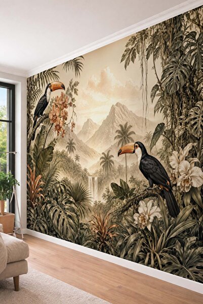 dreamwall Tukan Kuşlu Tropikal Orman Desenli Tek Parça Tekstil Duvar Kağıdı