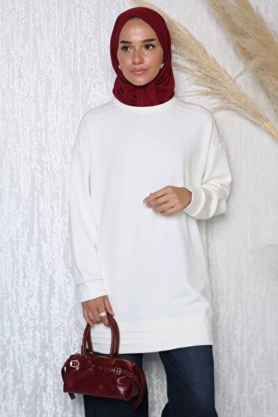 TOZLU Cream Crew Neck Three Ribbed Hijab Tunic