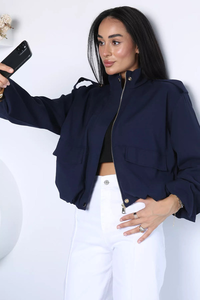 TOZLU Navy Blue Gülseli Women's Camelya Bomber Jacket with Elastic Waist and ...