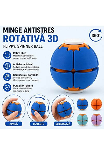 Flippy Minge Senzorială Antistres Rotativă 3D, Flippy, Tip Fidget Spinner, cu Sistem de Apăsare și Rotire, Design Interactiv, Albastru