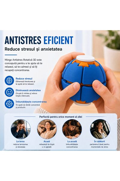 Flippy Minge Senzorială Antistres Rotativă 3D, Flippy, Tip Fidget Spinner, cu Sistem de Apăsare și Rotire, Design Interactiv, Albastru