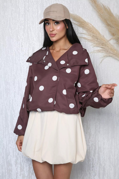 TOZLU Brown Perry Women's Elastic Waist, Front Snap, Polka Dot Seasonal Coat