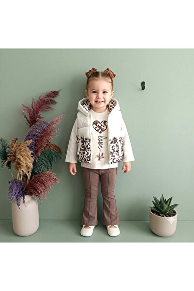 Hippıl Baby 7213 Lepoar Şişme Yelekli İspanyol Paça Taytlı + Sweat 3 lü Kız T...