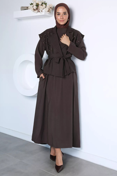 TOZLU Coffee Stone Embroidered Waist-Tie Vest Dress Hijab Double Set