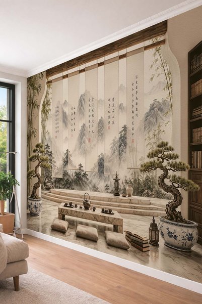 dreamwall Uzak Doğu Manzaralı Bonsai- Bahçede Çay Sefası Tek Parça Tekstil Du...
