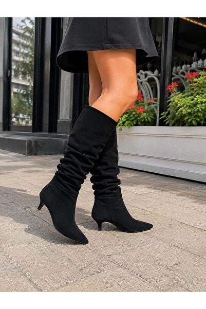 asmi shoes Дамски ботуши Tİma от черен велур, с 6 см ток, разкроен заострен в...