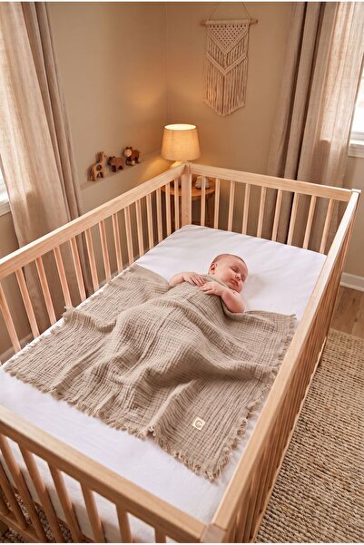 e&f Store Püsküllü 4 Katlı Müslin Bebek Battaniyesi - Kapiçino