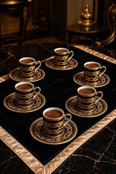 Melinova 6 Kişilik Siyah Gold Türk Kahvesi Fincan Takımı 12 Parça Lüks Desenl...