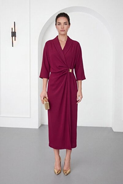 Lafaba Women's Burgundy Double-Breasted Collar Accessory Detail Midi Event Dress