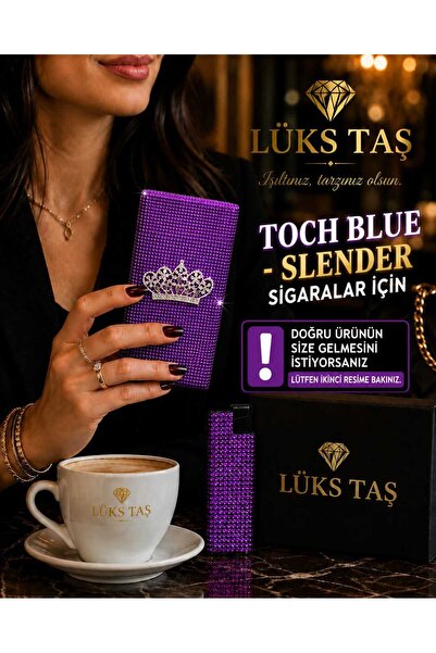 Lüks Taş Taşlı sigara kutusu ve çakmak [TAÇLI TOCH BLUE - SLENDER ]