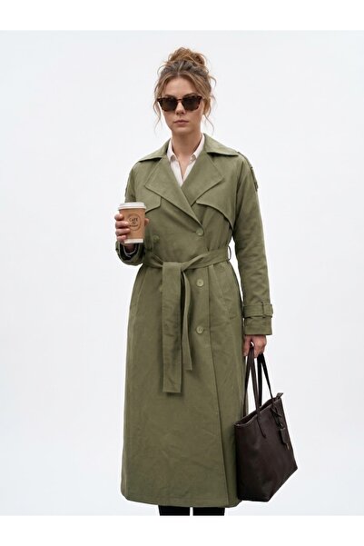 AÇELYA TEKSTİL Women's Long Trench Coat Buttoned Sleeves Epaulettes Lined Bel...