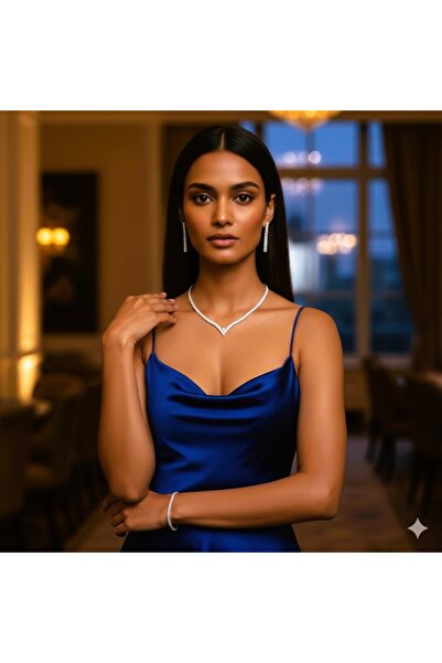 Luar Jewelry Kadın Zirkon Taşlı V Kesim Su Yolu Takı Seti - Kolye Küpe Bilekl...