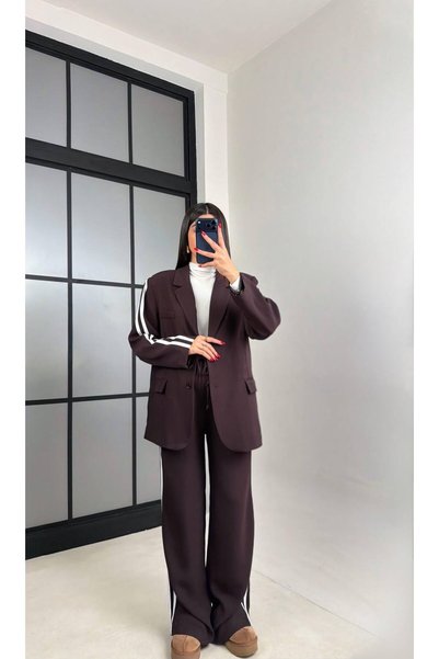 FMN Moda Striped Side Details, Oversized Cut, Single Button, Vip Series, Tok Casual Fabric Blazer Jacket, Wide Leg Pants with Elastic Waist, Two-Piece Matching Set