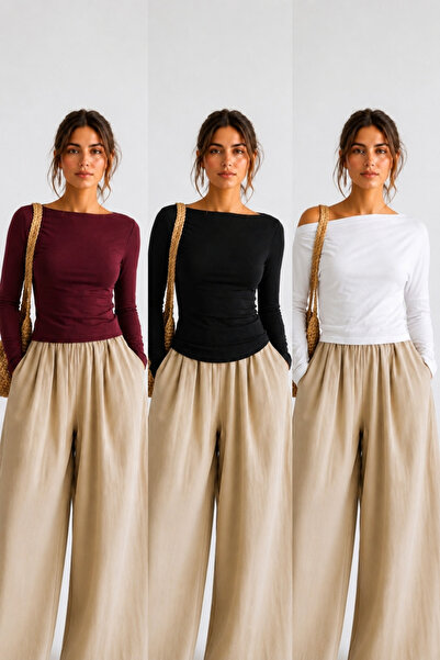 COMBİNE MİCHAİL Women's Casual Cotton Long Sleeve 3-Piece Blouse