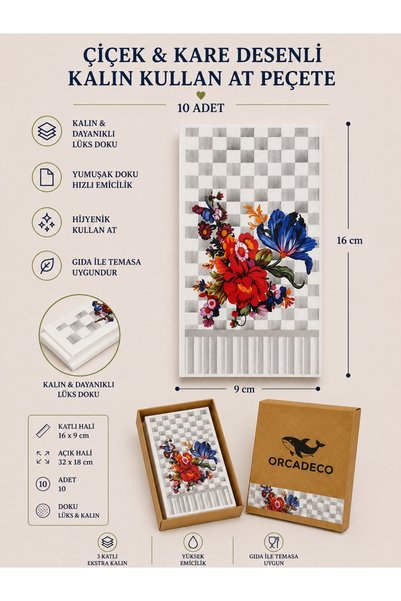 orcadeco Çiçek & Kare Desenli Lüks Kalın Kullan At Peçete 10 Adet – 3 Katlı D...