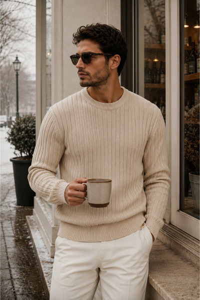legends butik Men's Premium Ribbed Knitwear Sweater Crew Neck Slim Fit Winter...