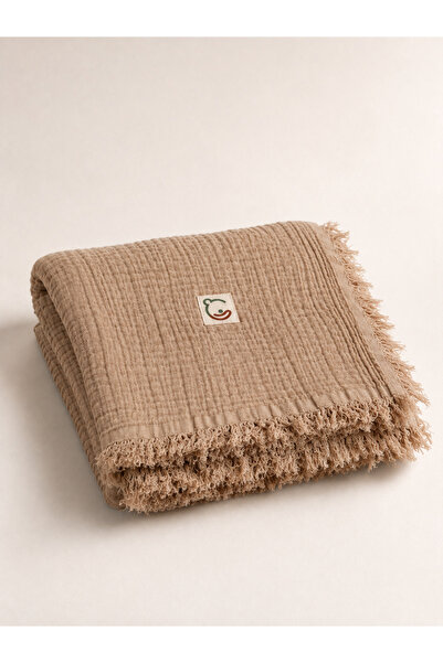 e&f Store Püsküllü 4 Katlı Müslin Bebek Battaniyesi - Kapiçino