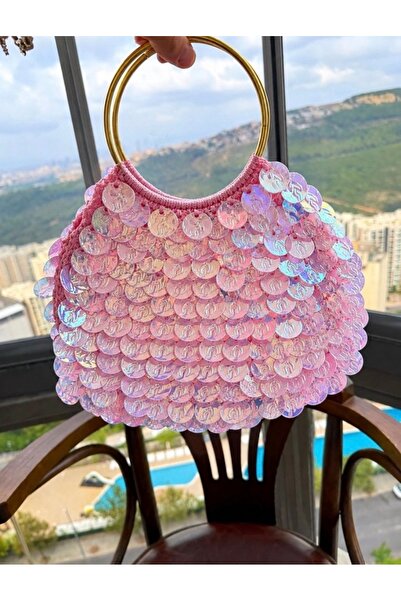 Genel Markalar Pullu Örgü El Çantası – Pembe & Mor Işıltılı 🩷💜