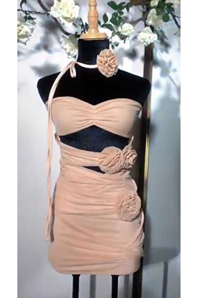 Generic Brand Strapless Rose Embossed Patterned Fishnet Women's Dress in Powd...