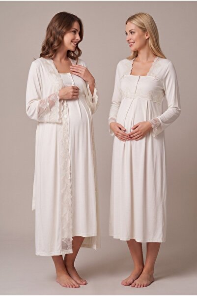 LOHOUSE Women's Ecru Full-Length Lace Maternity Nightgown Set with Long Sleev...