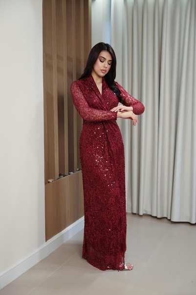 JAQUEEN Long Burgundy Embroidered Evening Dress