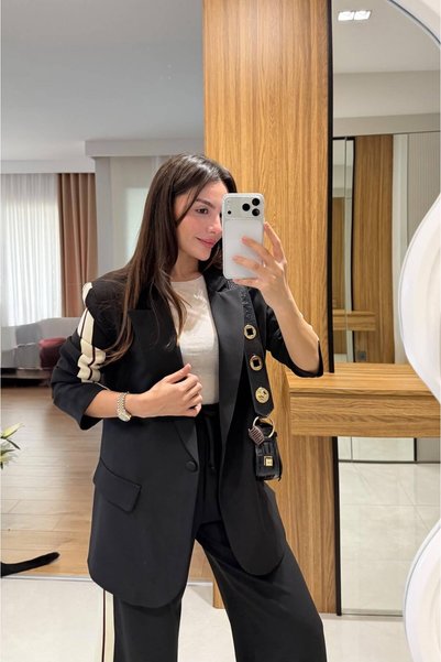FMN Moda Striped Side Details, Oversized Cut, Single Button, Vip Series, Tok Casual Fabric Blazer Jacket, Wide Leg Pants with Elastic Waist, Two-Piece Matching Set