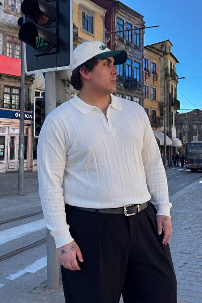 Maccali Men's Plus Size White Zippered Striped Sweatshirt