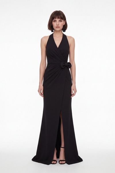 Lafaba Women's Black Double-Breasted Collar Slit Long Formal Dress