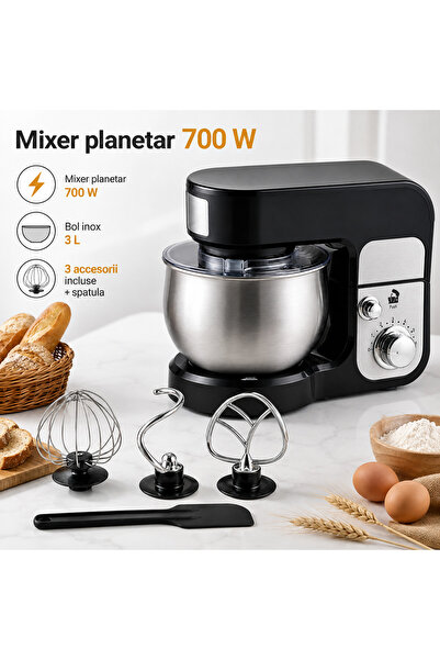 Fabrilux Mixer Planetar Multifunctional 3 in 1 700W, Bol Inox 3L, 6 Viteze, 3 Accesorii + Spatula, Negru