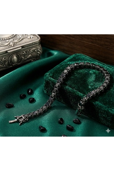 Luar Jewelry Black Zircon Stone Waterway Bracelet Unisex Black Plated Luxury Design (14 cm + Extension)