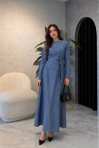 Moda Algan Dikiş Detaylı Kemerli Kot Elbise MA10066 Açık Mavi