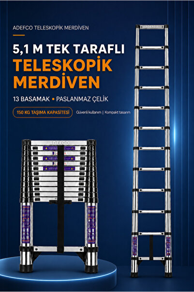 ADEFCO 13 Basamak Paslanmaz Çelik Teleskopik Merdiven 5.1 Metre Katlanabilir ...