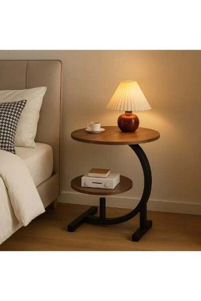 Generic Modern C-Shaped 2-Tier Round Side Table, Wood & Metal with Walnut Finish