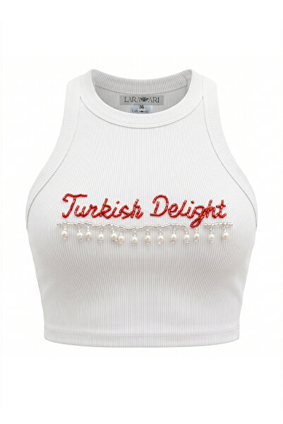 LARA ARI Turkish Delight Doğal İnci Detaylı Boncuk İşlemeli Crop Top