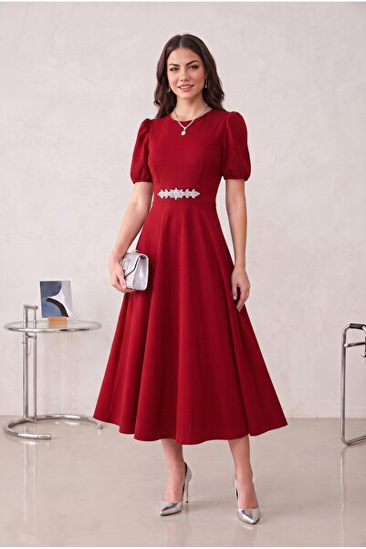 ALFUDO Moda Collection Κόκκινο βραδινό φόρεμα μίντι με μανίκια καρπούζι για α...