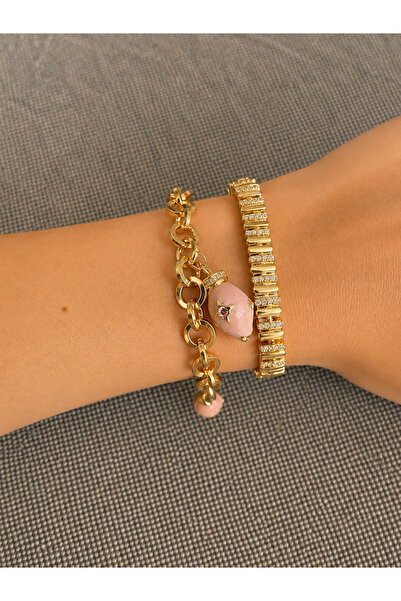 Chamelon Studio Women's Stainless Steel Pink Stone Gold Color Chain Bracelet
