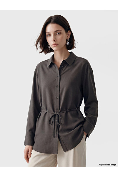 LC Waikiki Lcw Modest Brown Linen Blend Women's Shirt Tunic