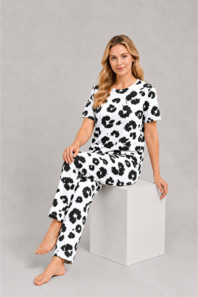 Pijamask Set de pijamale pentru femei, din bumbac, cu imprimeu leopard, cu mâ...