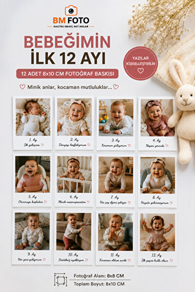 BM Foto Kişiye Özel Bebeğimin İlk 12 Ayı Fotoğraf Baskısı | 12 Adet 8x10 cm |...