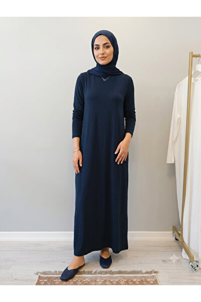 GAFURE Lacivert Penye Uzun Kol Tesettür Elbise | Standart Beden | 9 Renk Seçenekli | 140 cm
