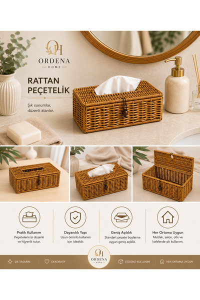Genel Markalar Ordena Home Rattan Peçetelik Kapaklı Hasır Görünümlü Peçete Ku...