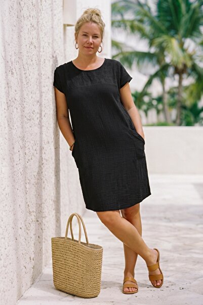 Chiccy Black Pool Collar Low Sleeve Pocketed Robe and Casual Muslin Woven Dre...