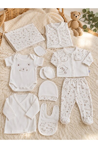 Pure Boutique Set nou nascut 10 piese din 100% bumbac crem cu paturica, ursul...