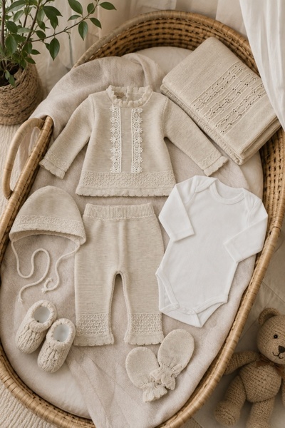 Pure Boutique Set premium nou-nascut 7 piese crem cu compleu tricotat si patu...