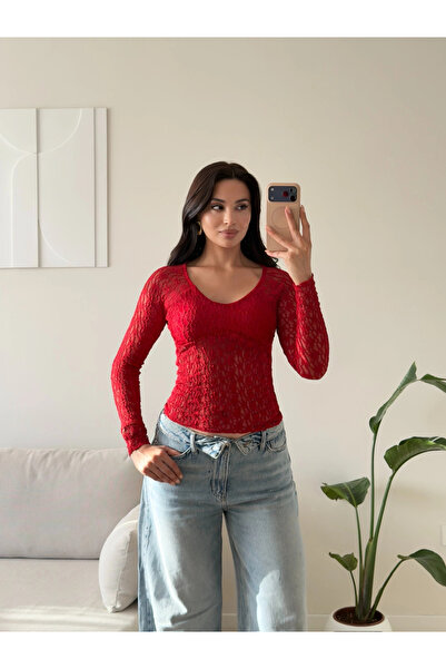 Zoom Butik Güpürlü Transparan Bluz - KIRMIZI