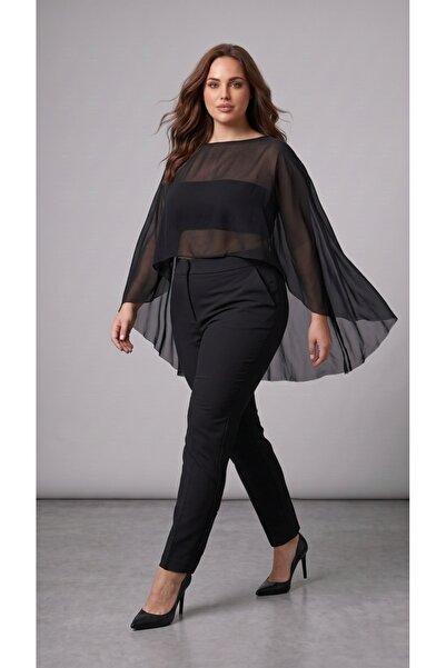 Tuğçe Saray Plus Size Black Poncho, Tulle Poncho, Transparent Tulle